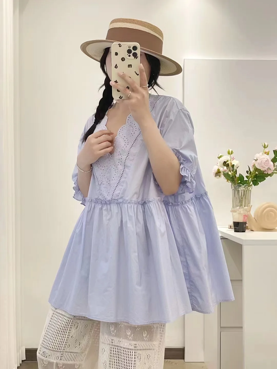 Летние хлопковые рубашки с короткими пышными рукавами женские кружевные топы