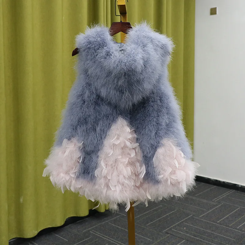 Autumn winter Korean ostrich hair midi fur vests women turkey feather hooded sleeveless fur coat waistcoat female outwear Y3240