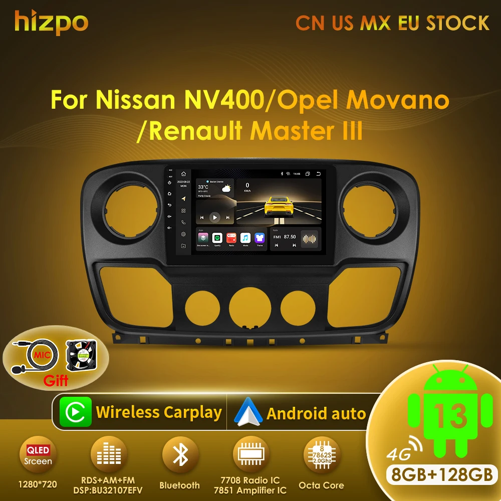 Фото Hizpo Android 13 Carplay Автомобильный радиоприемник для Nissan NV400 Opel Movano Renault Master lll 3 2010-2021 Стереоприемник GPS 2din Navi №1