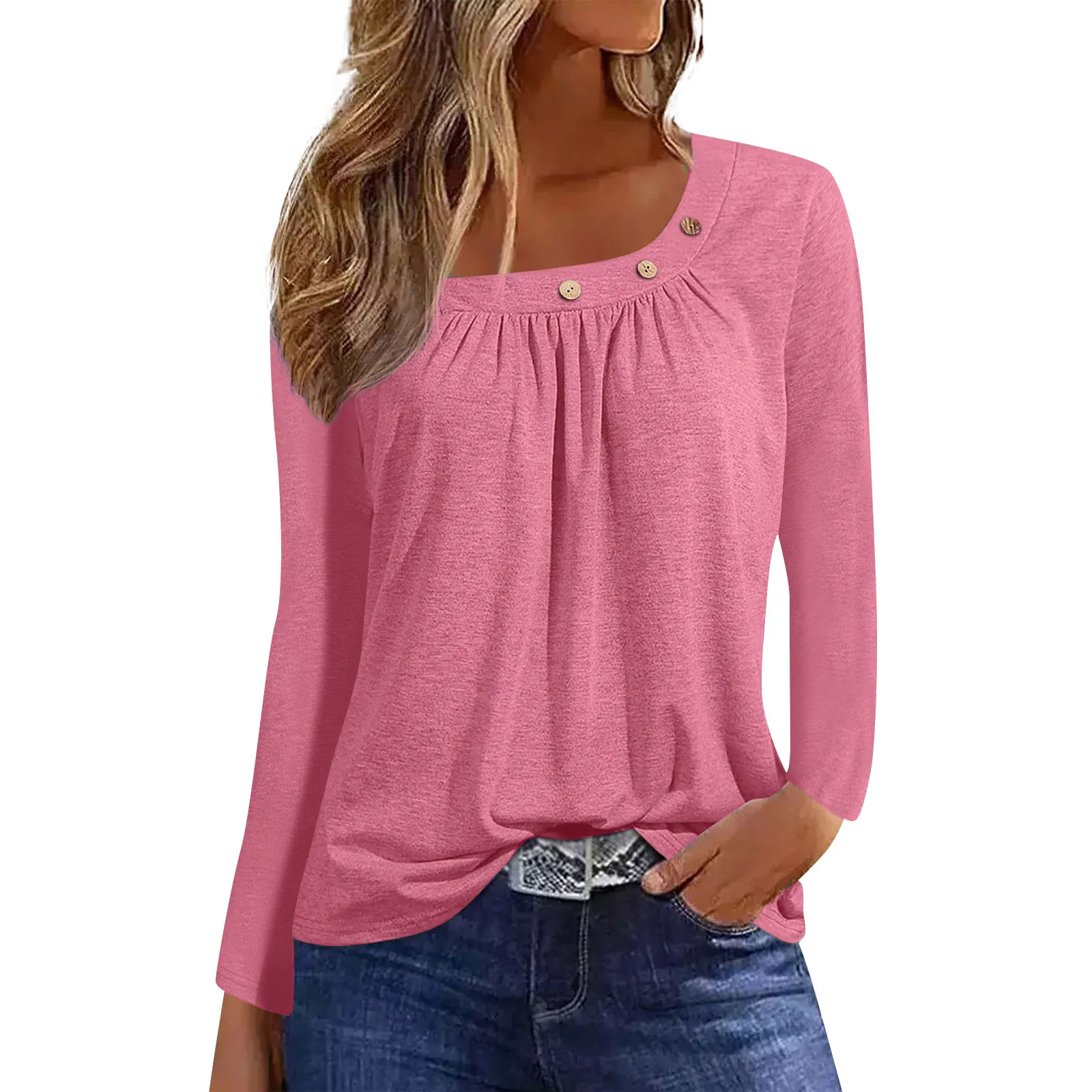 

Женская плиссированная футболка с круглым вырезом и длинным рукавом, Однотонная футболка с декоративными пуговицами, удобные повседневные свободные футболки