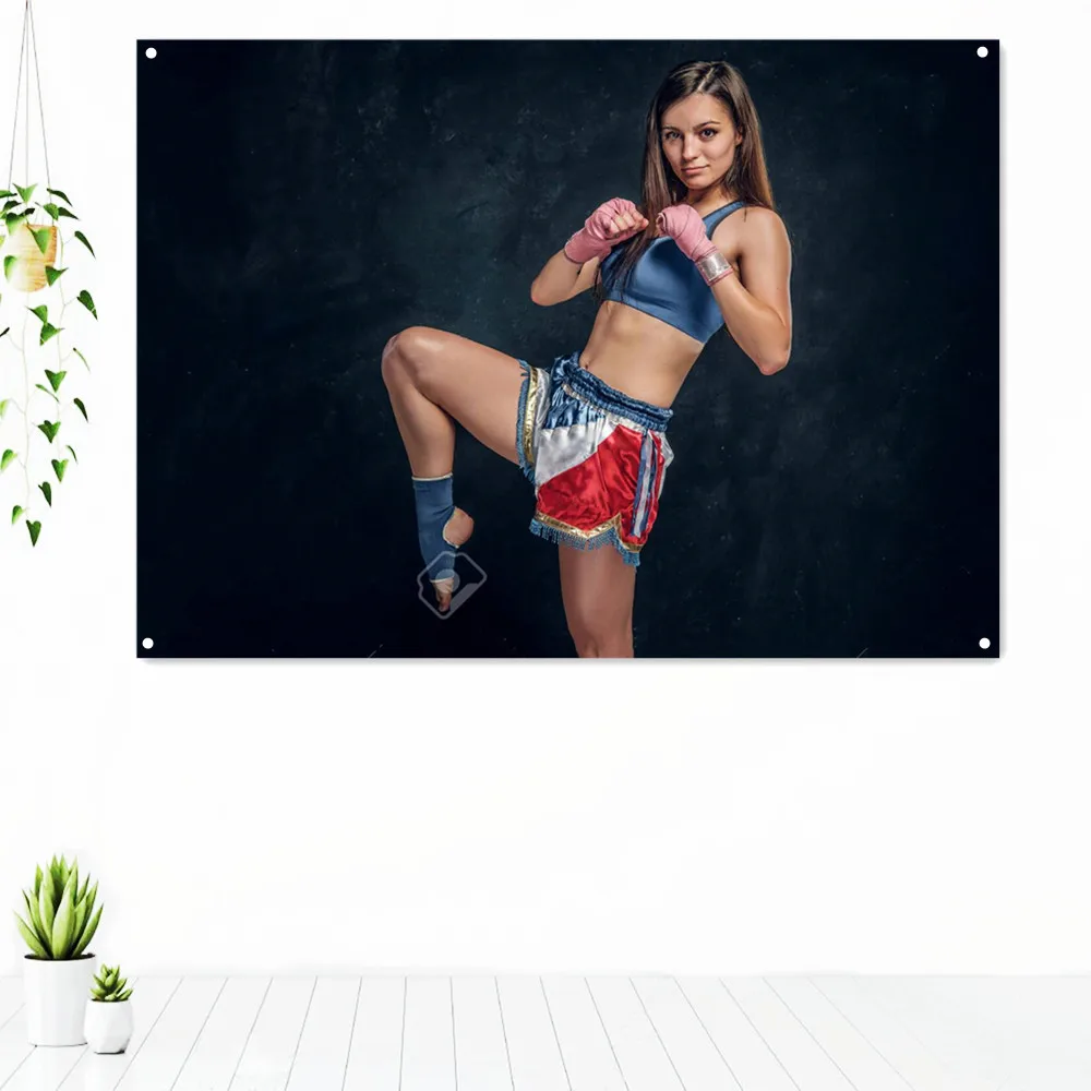 

Pretty Strong Woman kick Boxer Pose Exercise Decorative Banner Flag Boxing Muay Thai Kickboxing Training Poster Gym Decoration