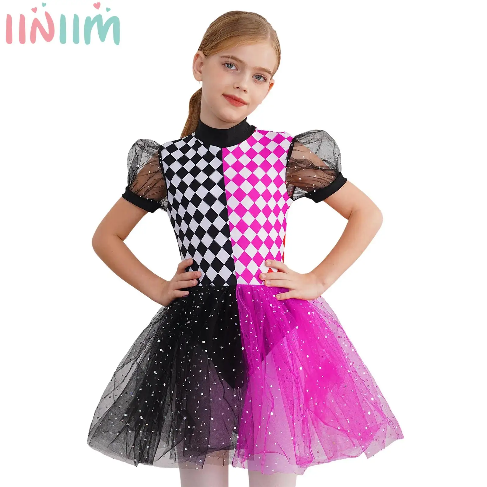 Платье-пачка с шахматным принтом и рукавами-фонариками