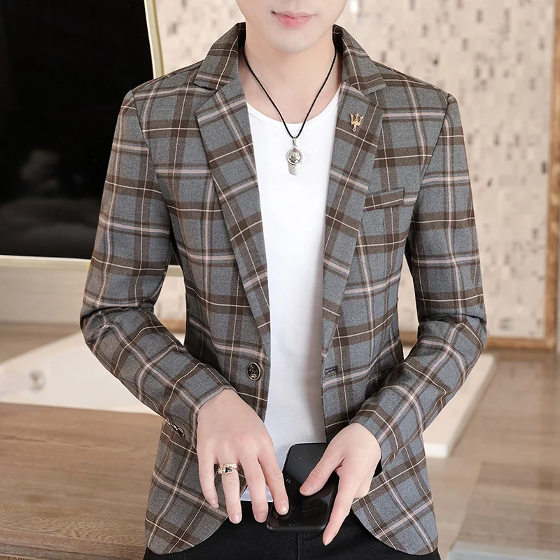 

2021 New Fashion Autumn Casual Men plaid Blazer Cotton Slim England Single Button Suit Blaser Masculino Male Jacket Blazer 3XL