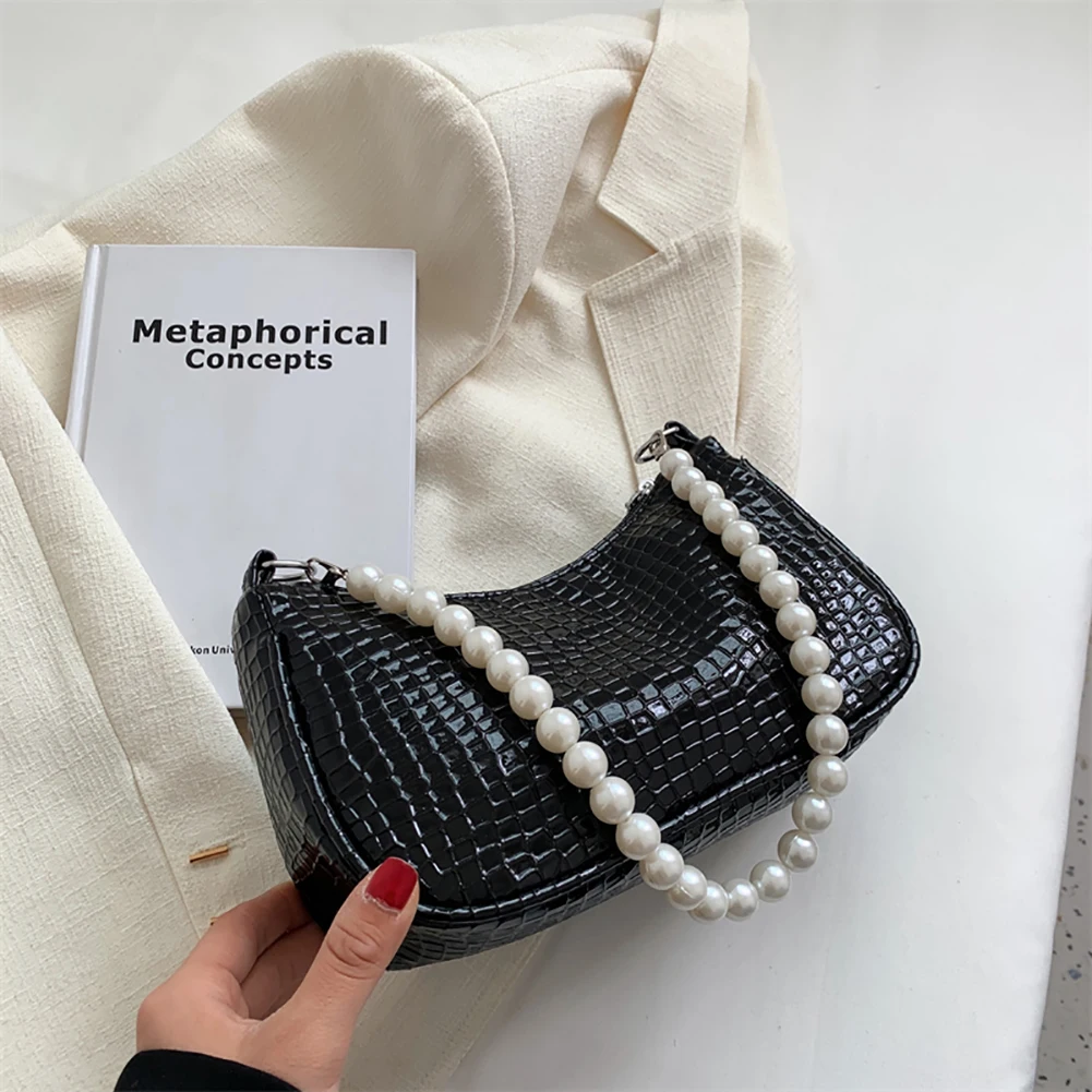 

Casual Simple Pearl Chain Women Underarm Bags Fashion Stone Pattern Small Handbags Solid Color PU Leather Ladies Shoulder Bags