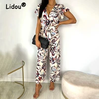 deep v neck floral printing lacing jumpsuit women casual butterfly sleeve wide leg pants 2022 summer new overalls for women lady