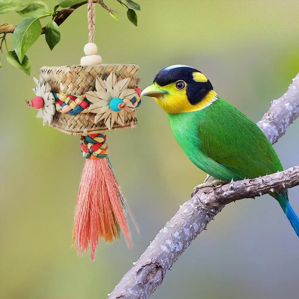 

Parrot Bird Chewing Toys Pal m Leaf Weaving Bird Cage Hanging Ornament Educational Interactive Supplies