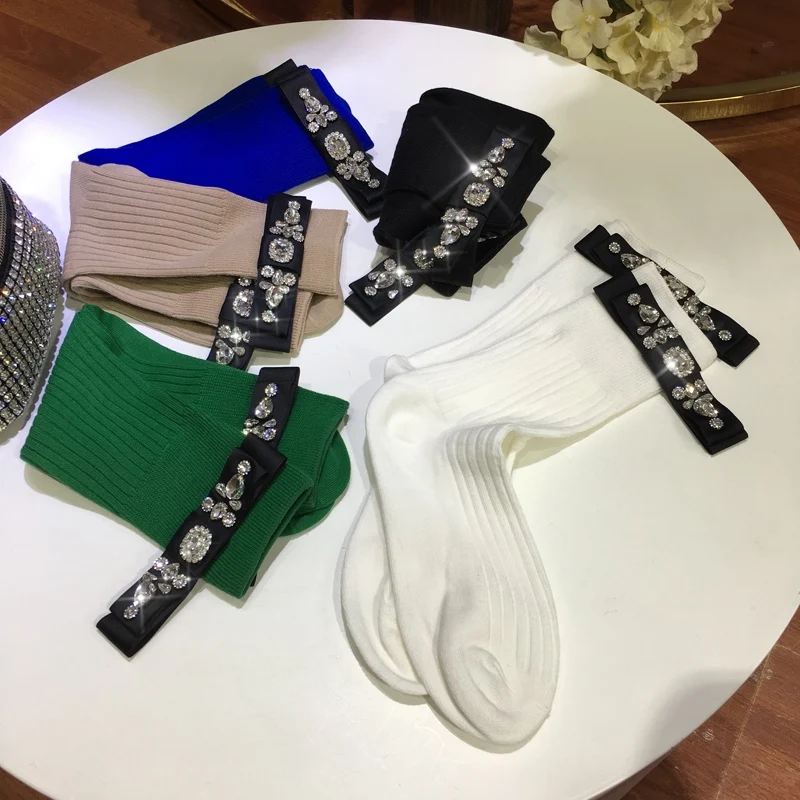 Sparkling Diamond Bead Women Socks Cute Bow All-match Age Reduction Cotton Hosiery Solid Color Mid Tube Sports Stocking 5COLORS