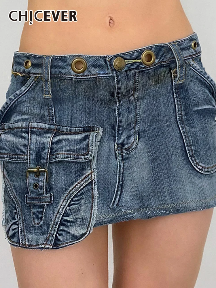 

Асимметричная джинсовая юбка CHICEVER Y2K для женщин, высокая талия, лоскутные карманы, складки, облегающие женские юбки