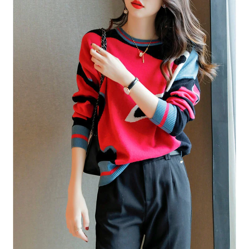 

2022Spring Autumn New Sweaters Pullovers Fashion Wild Lazy Loose Color Matching Knitted Bottomed Jumper Female Long Sleeve Tops
