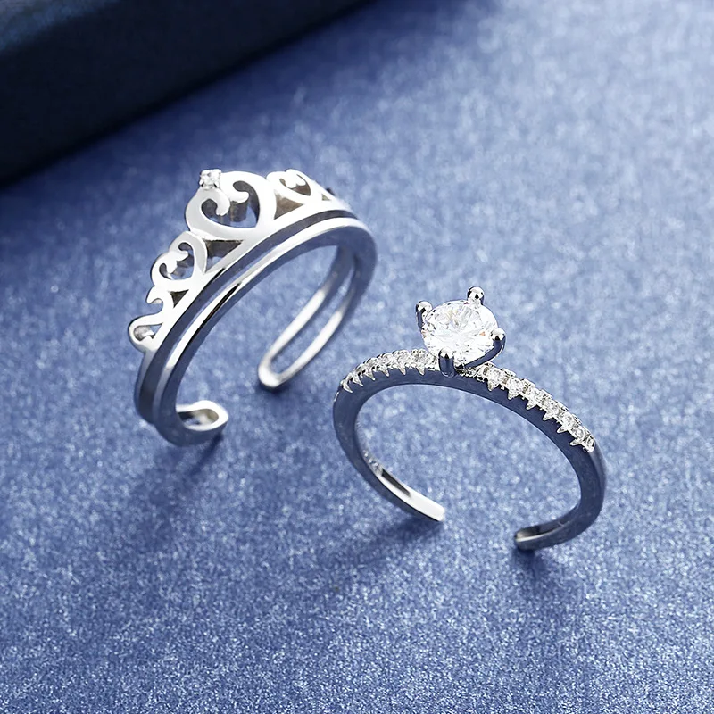

Independent Creative 925 Sterling Silver Shiny Crown Fashion Combination Opening Adjustable Couple Gift Ring Charm Jewelry