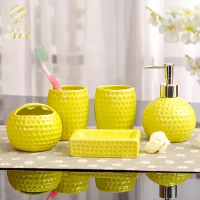 

NEW2023 Lemon Color Ceramic 5pcs Bathroom Set Bathroom Accessories Kit Wedding Gift Golf Pattern Toothbrush Holder Soap Dispense
