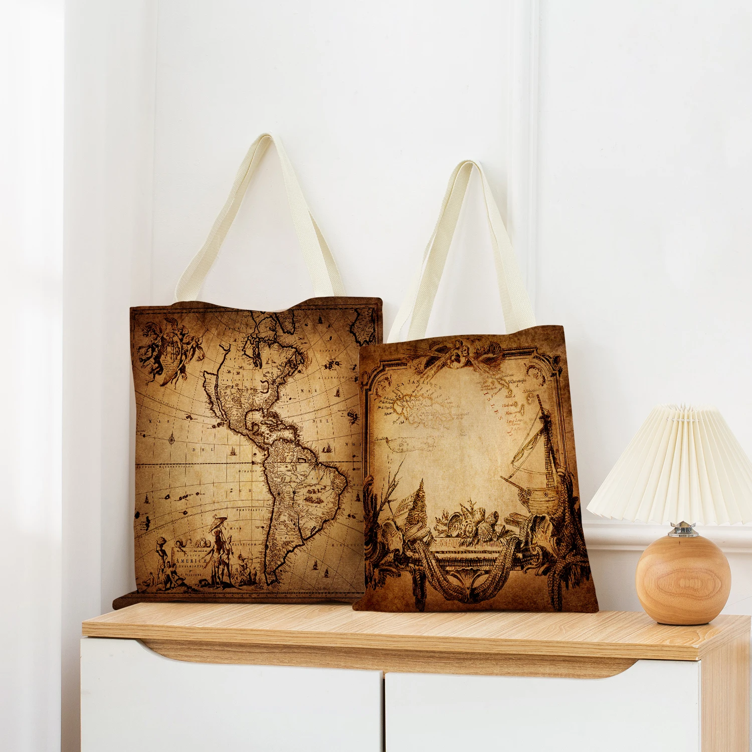 

Vintage Old Map Pattern Market ECO Shopping Bag Double Sided Print Design Portable Handbag Foldable Outdoor Convenient Storage