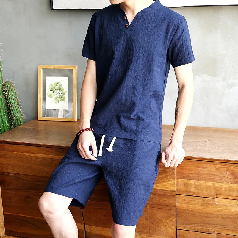

Cotton Linen Set Men's T-shirt Short Sleeve Summer New Large Youth Solid V-Neck Underlay Short Sleeve Set