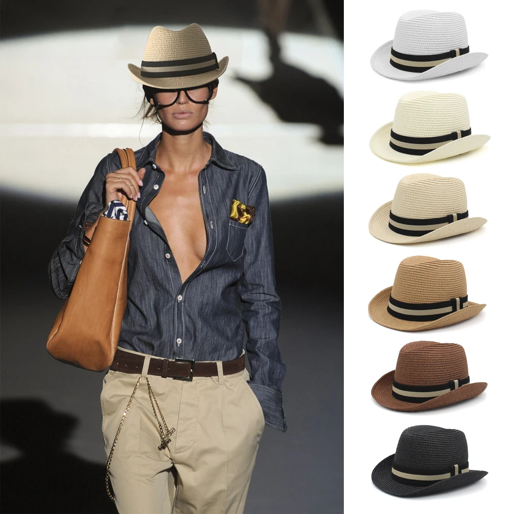

Men Women Summer Solid Straw Homburg Hats Classical Retro Fedora Caps Trilby Sunhat Party Beach Travel Outdoor Adjustable Size