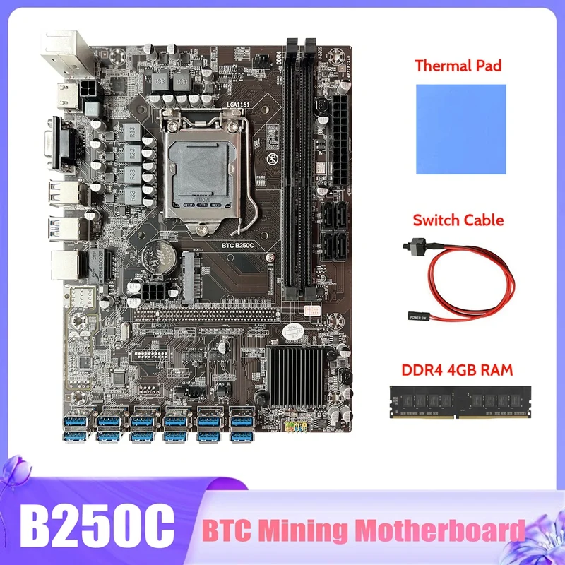 B250C BTC Mining Motherboard+DDR4 4GB RAM+Switch Cable+Thermal Pad 12X PCIE To USB3.0 GPU Slot LGA1151 Miner Motherboard