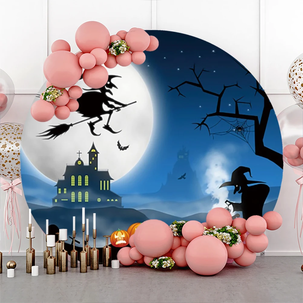

Happy Halloween Round Backdrop Dark Forest Tomb Tombstone Castle Pumpkin Skull Moon Family Party Decor Photographic Backgrounds