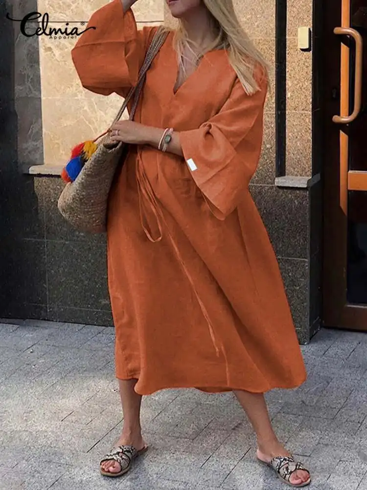 

Celmia Casual Loose Belted Party Dress Autumn Women Fashion Midi Dress 2022 Sexy V-Neck Robe Vintage Long Sleeve Shirt Vestidos
