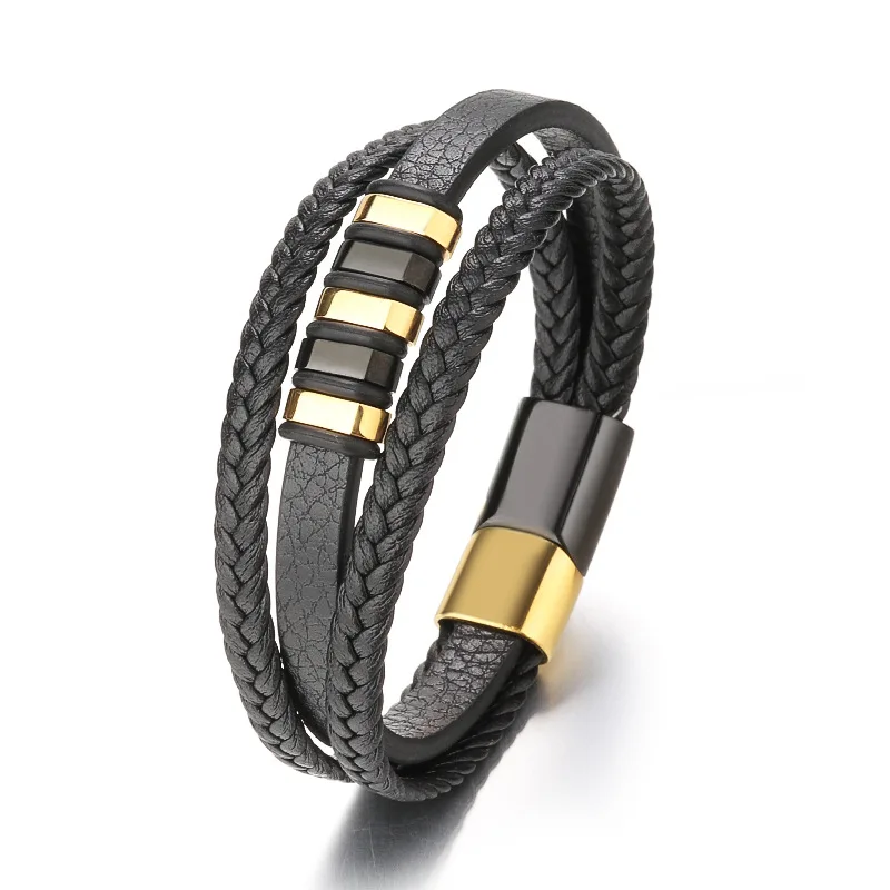 

Layered Braided Leather Bracelets for Men Link Chain Strand Fashion Magnetic Clasp Black Cord Vintage Wrist Band Rope Cuff