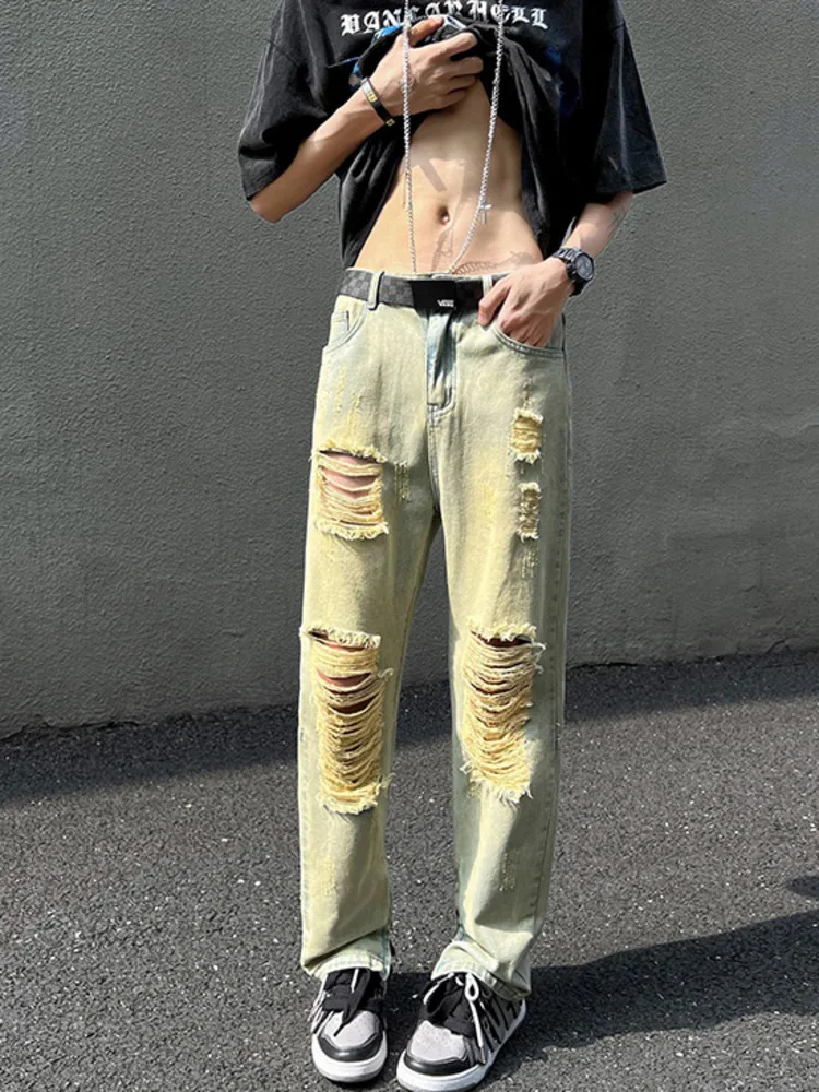 

SYUHGFA 2022 Zipper Ripped Men Hip Hop Jeans Washed Vintage Denim Pants Gothic Large Size Fashion Brand Male Straight Trousers