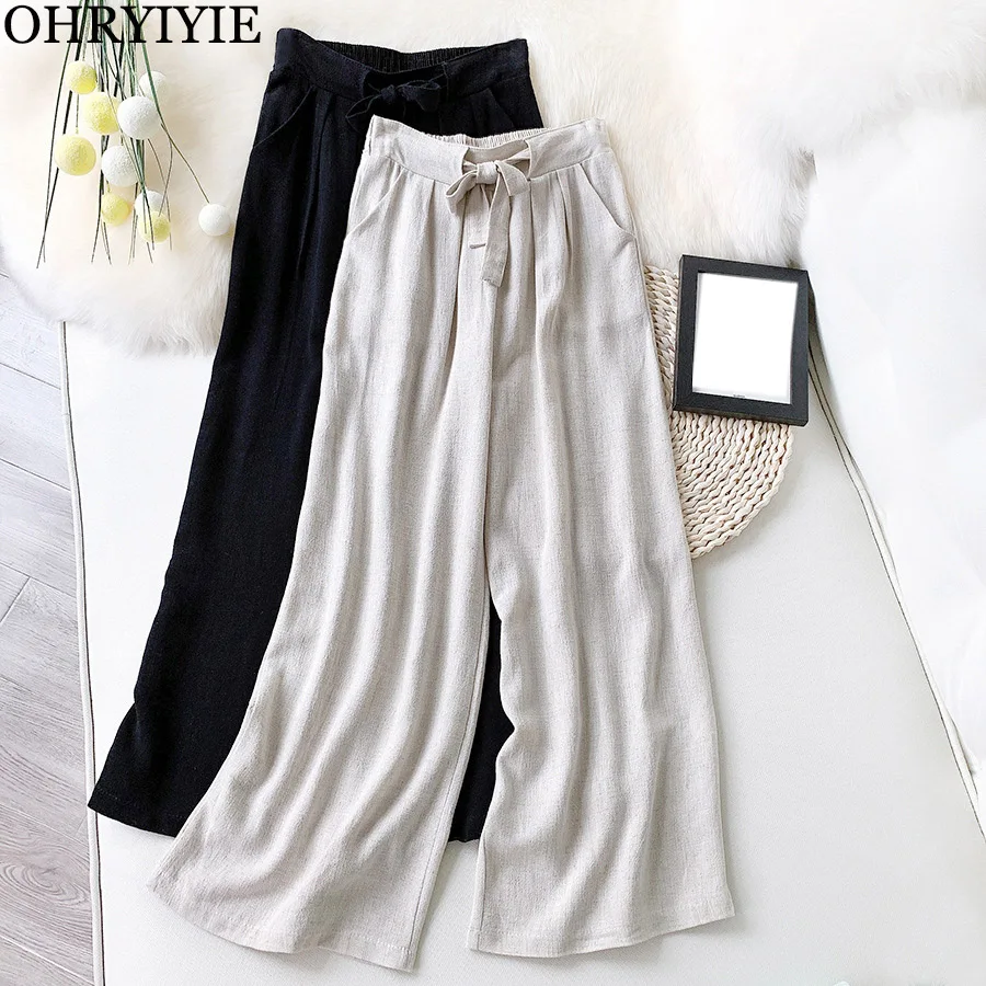 

OHRYIYIE Linen Wide Leg Pants Womens Spring Summer Lace-up Long Pants Female High Waist Casual Loose Beige Black Pants Lady