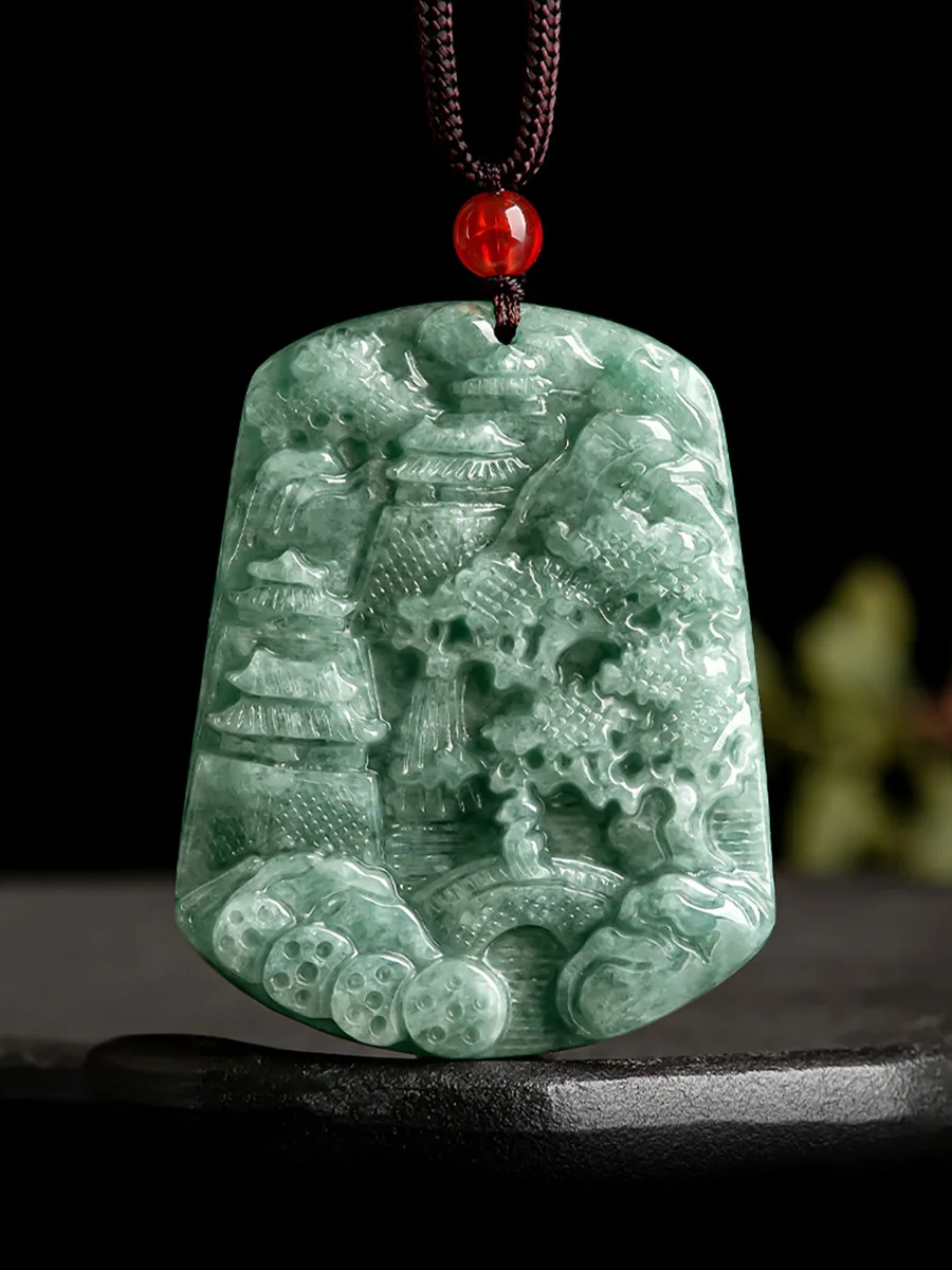 Cuing Fu Genuine Natural a Goods Jade Bean Landscape Brand Pendant Men's and Women's Ss04