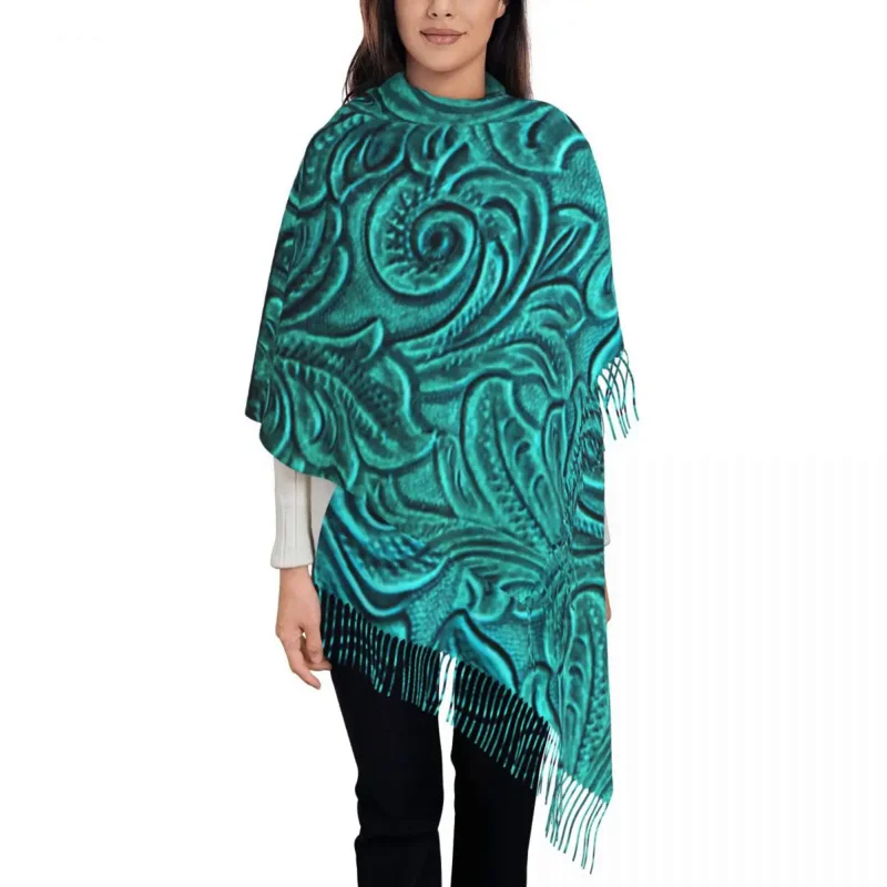 

Turquoise Embossed Tooled Leather Floral Scrollwork Design Scarf Wrap for Women Long Winter Warm Tassel Shawl Unisex Scarves