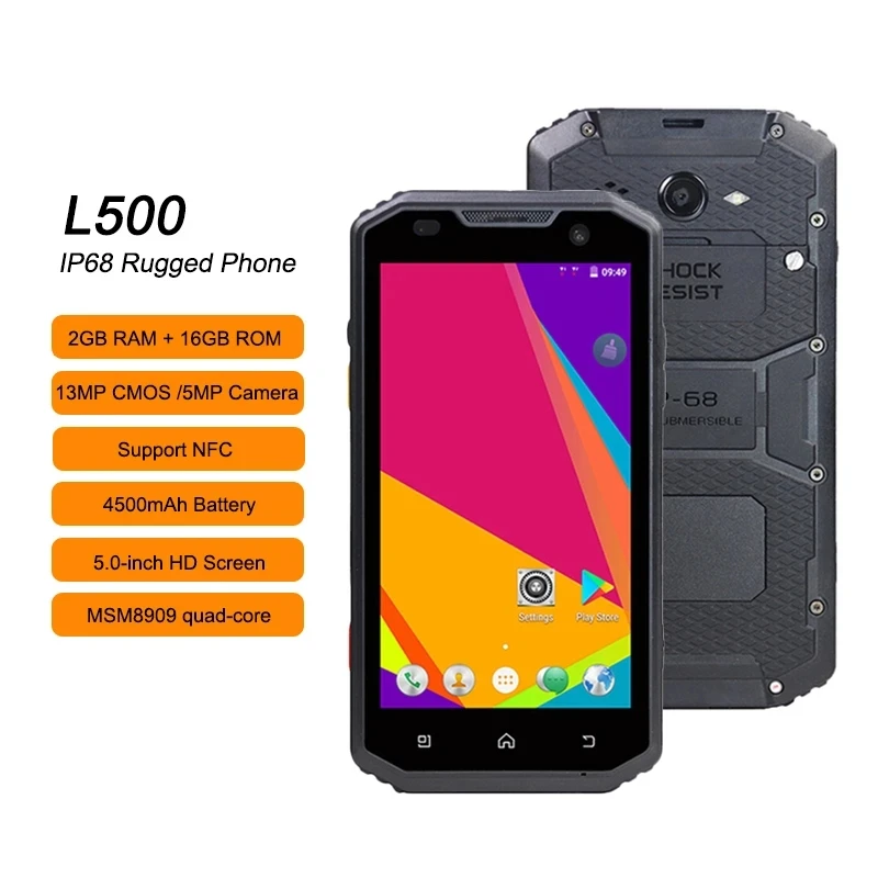 L500 2GB RAM 16GB ROM Rugged Smartphone 4G LTE NFC IP68 Waterproof 5.0-inch Screen 13.0MP Rear Camera 4500MAH Mobile Phone