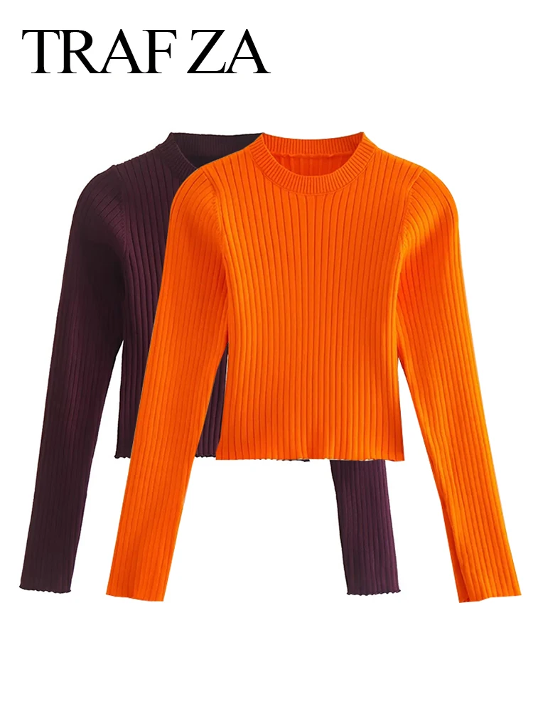 

TRAF ZA Women's Retro O Neck Long Sleeve Female Pullovers Fashion Fitted Basic Cropped Ribbed Short Knit Sweater Chic Top Mujer