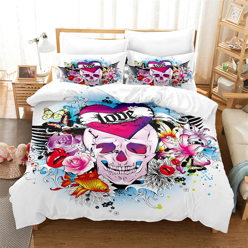 

Sugar Skull King Duvet Cover Horror Theme Gothic Skull Bedding Set Microfiber Skeleton Floral Comforter Cover For Teens Adults