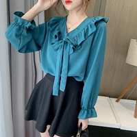 women spring fall chiffon blouse ladies tops korean fashion bow tie collar long sleeve blouses red white office clothes blusas