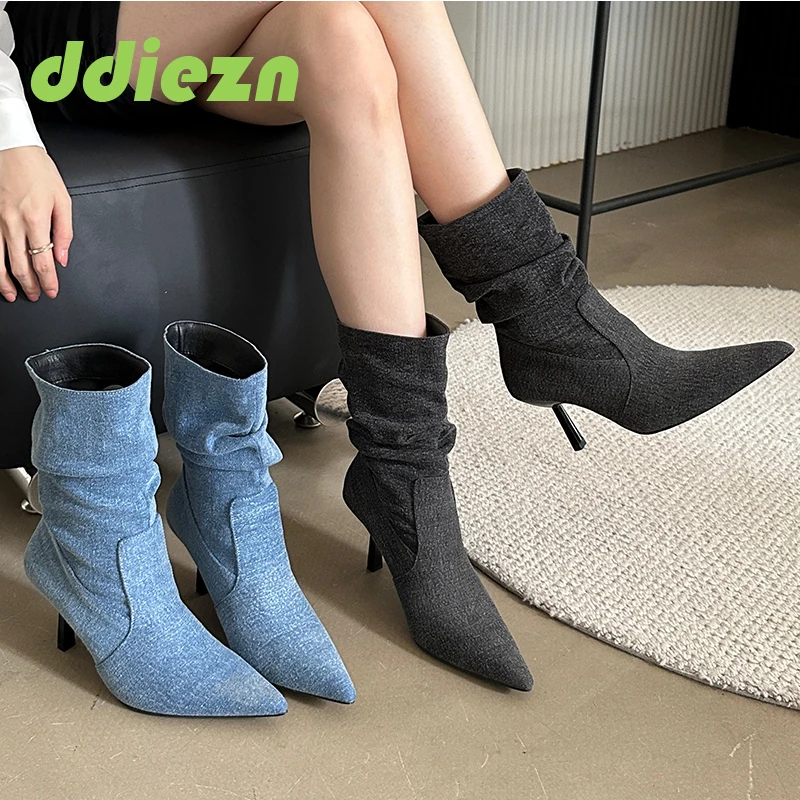 

New Denim Female Mid Calf Boots Ladies Footwear Thin Heels Pointed Toe Autumn Trend Slip-On Modern Boots Women Western Shoes
