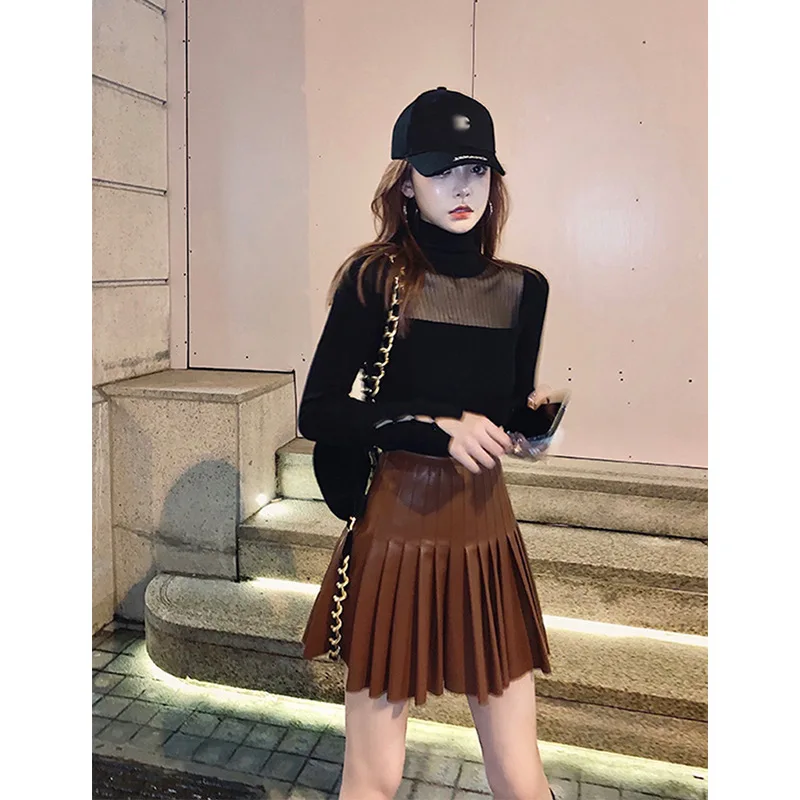 

High quality sexy Hot Pleated Mini Skirt Women's Fashion Harajuku High Waist party PU Leather Skirt