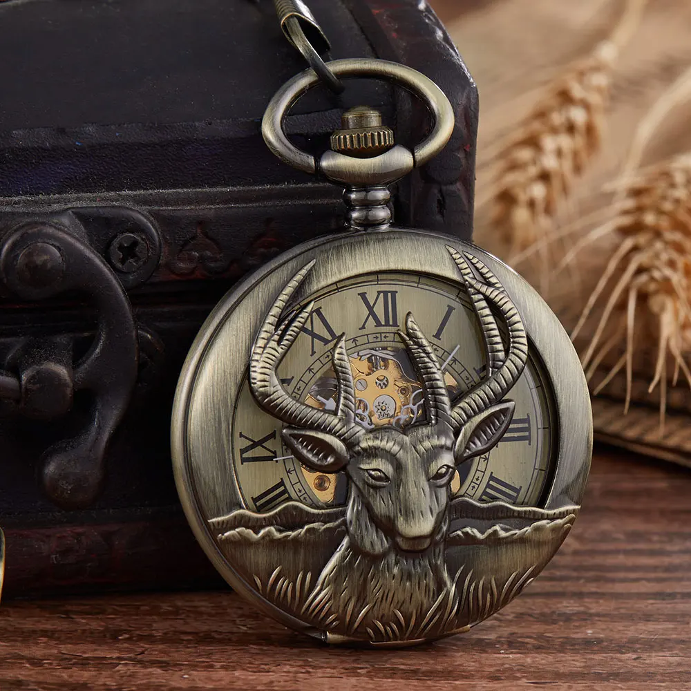 Golden Hollow Golden Goat Design Mechanical Pocket Watch Zodiac Steampunk Hand Winding Fob Unisex Watch Chain Necklace Pendent