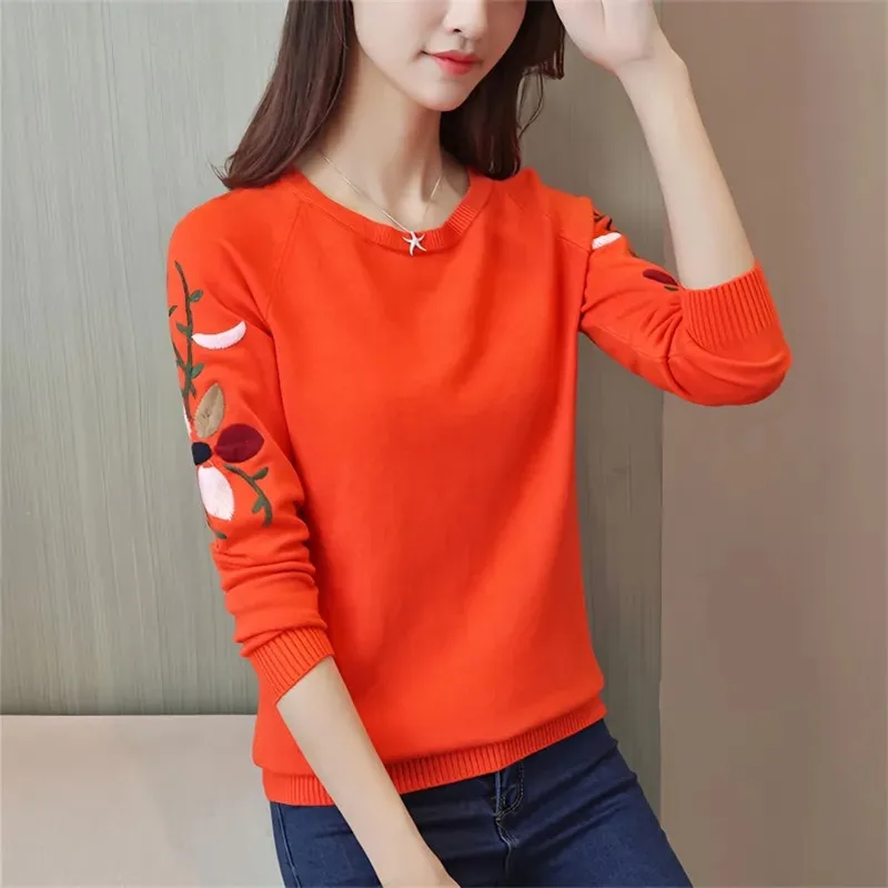 

Свитер женский с вышивкой, СВОБОДНЫЙ Модный короткий пуловер, вязаный джемпер, топ, весна-осень