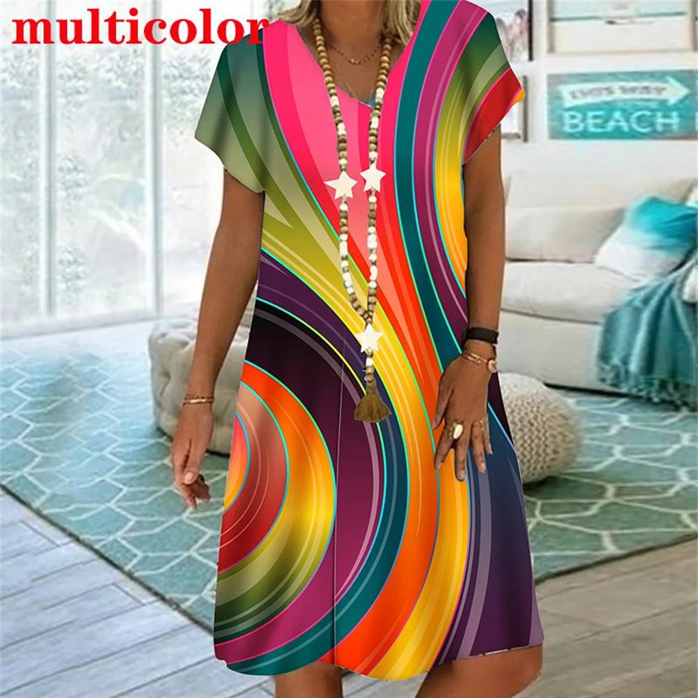 

New Rainbow Striped 3D Print Women Dress Elegant Sweet Casual V-Neck Short Sleeve A-Line Dress Summer Fashion Oversized Clothing