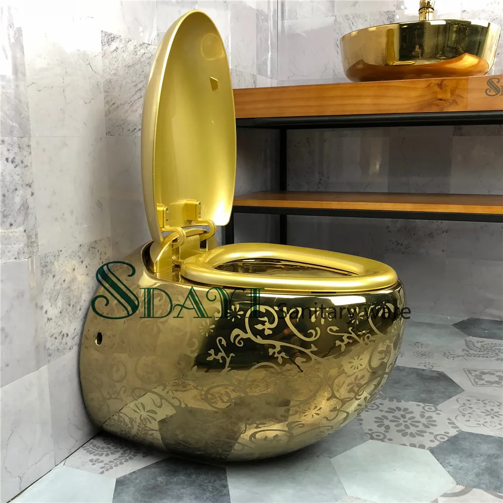 Фото Наборы подвесных унитазов SDAYI Sanitary Ware European Luxury Royal в форме яйца, золотистого цвета, из керамики. №2