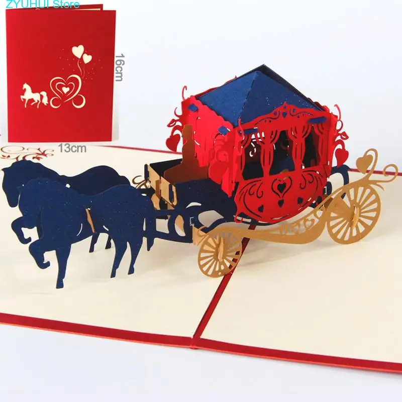 

3D Pop Up Paper Laser Cut Greeting Cards Creative Handmade Kirigami Wedding lnvitations Love Carriage Postcards Wishes Gifts