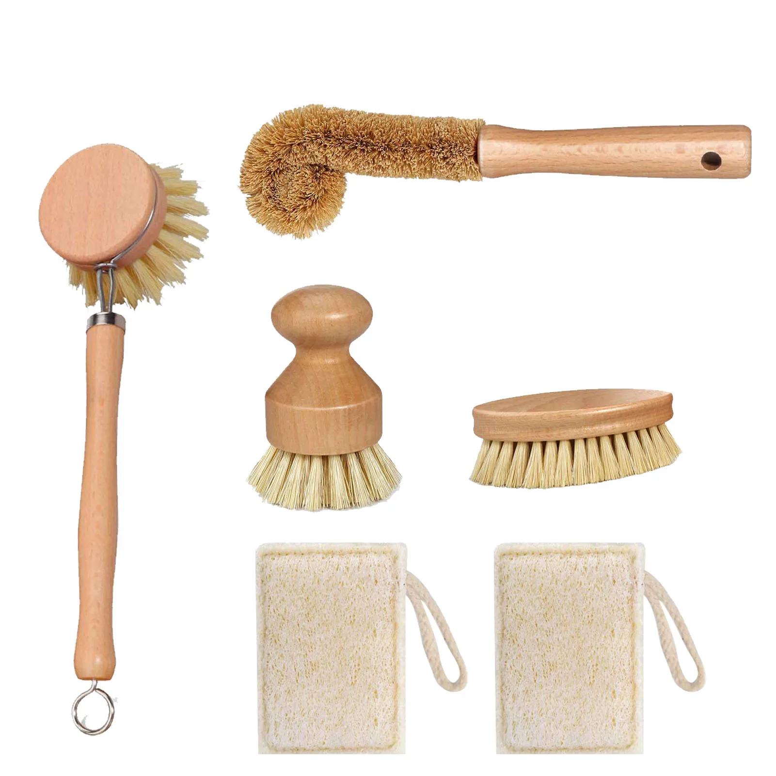 

Wooden Dish Brush SetVegetable Brush With Handle Coconut Fibers Bristles Fibers Bristles Vegetable Brush With 2 Loofah Cleaning