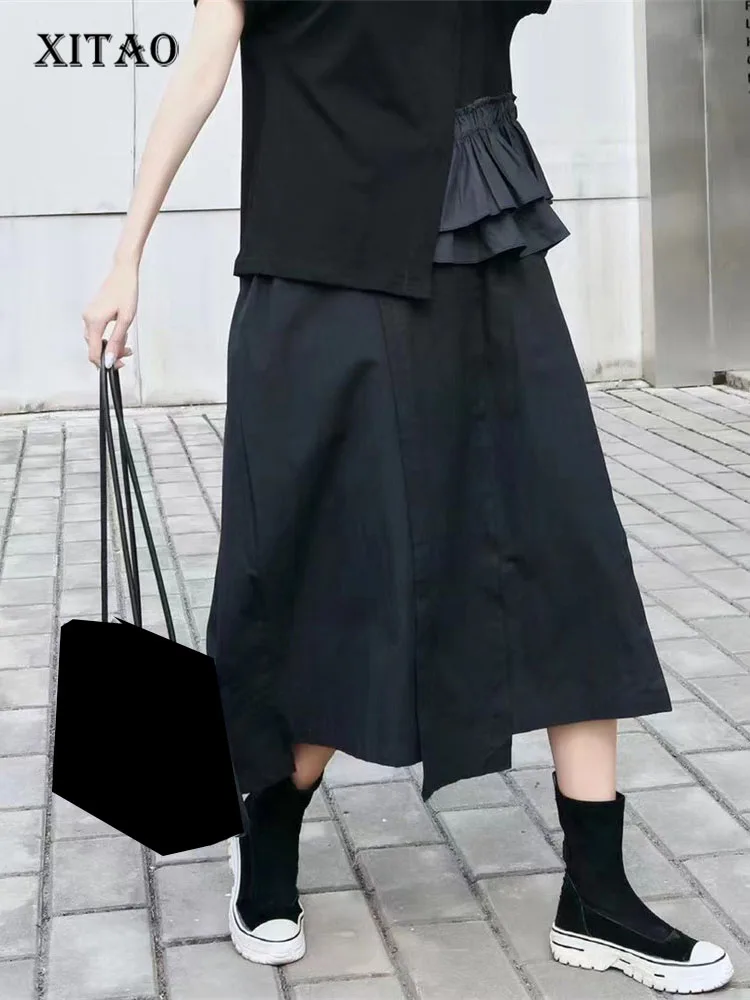 

XITAO Pleated Skirt Fashion Elastic Waist Solid Color Irregular Design Versatile Spring Minority Elegant Loose Skirt WMD5061
