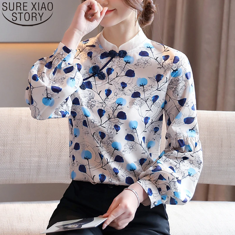 

Vintage Blouse Women Print Shirt Long Sleeve Women Blouse Stand Collar Ladies Tops Pullover Floral Silk Shirt Blusas 11133