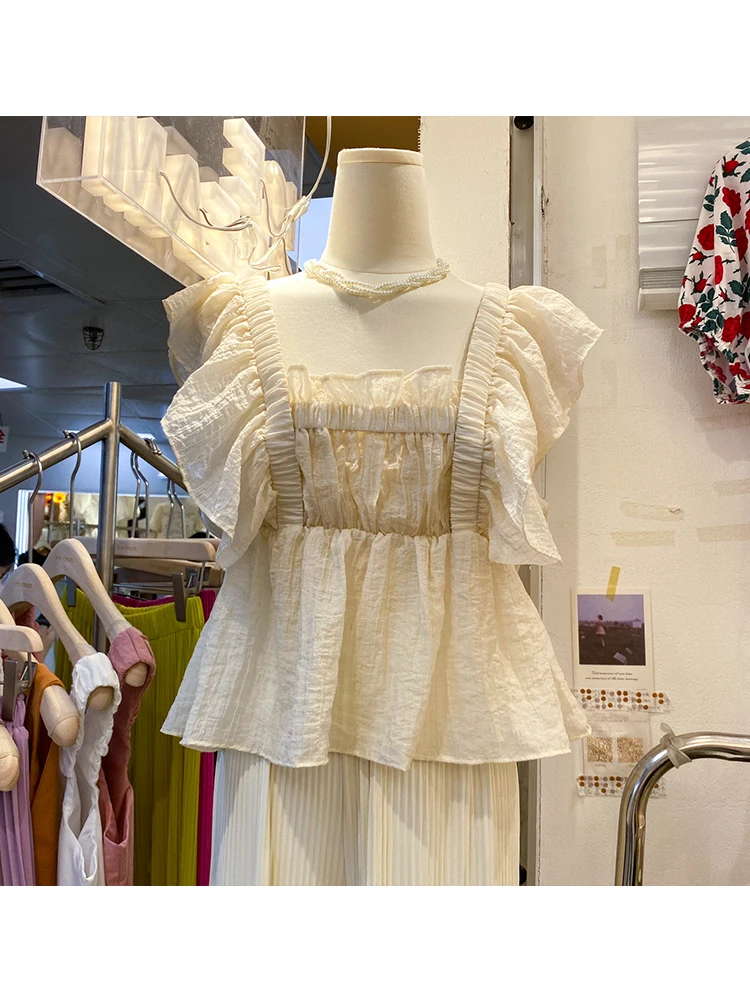 

Женская шифоновая блузка с оборками, элегантная свободная однотонная блузка с квадратным вырезом, французская романтика, осень 2022