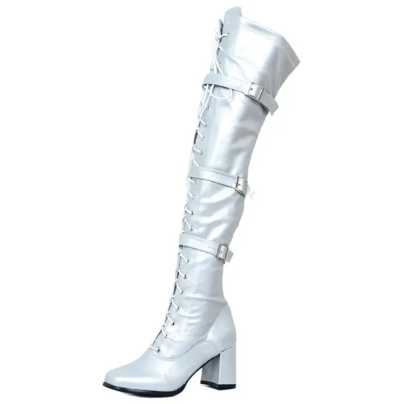2023 New Fashion Over-The-Knee Thick Heel Buckle Strap Zip Patent Leather Thigh High Boots Go Go Shoes Custom Colors