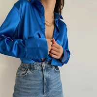 elegant spring fashion satin tops and blouses women open stitch casual flare sleeve shirts blouse tops streetwear