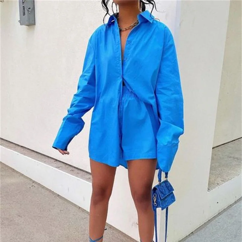 QWEEK Loungewear Women Blue Suits with Shorts Casual Loose Long Sleeve Cardigan Shirt Two Piece Set Sleepwear Summer Pajamas