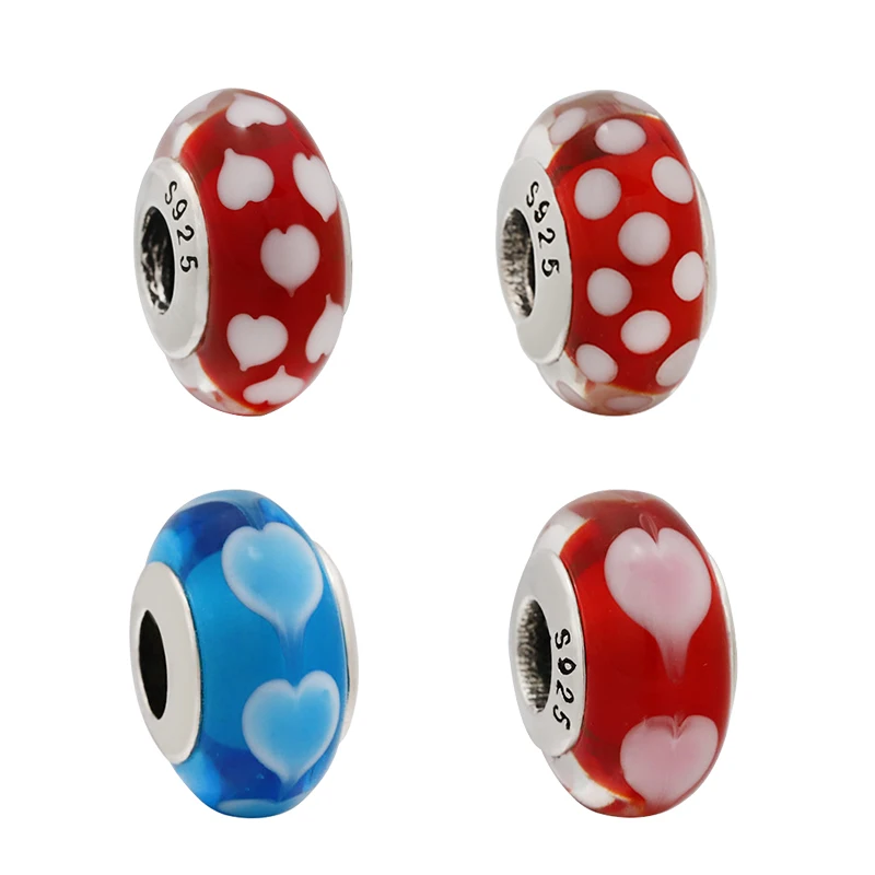 

100% 925 Silver High Quality Original Logo 1:1 Red Love Heart Murano Glazed Bead Charm DIY Valentine's Day Bracelet Gift