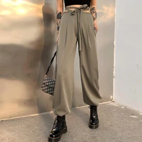 new fashion solid bandage straight pants women clothing 2021 spring casual loose streetwear slim high waist female trousers