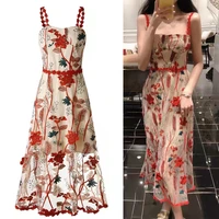 new summer spaghetti strap beach dress woman sleeveless delicate flower embroidery midi dress streetwear runway mesh vestido