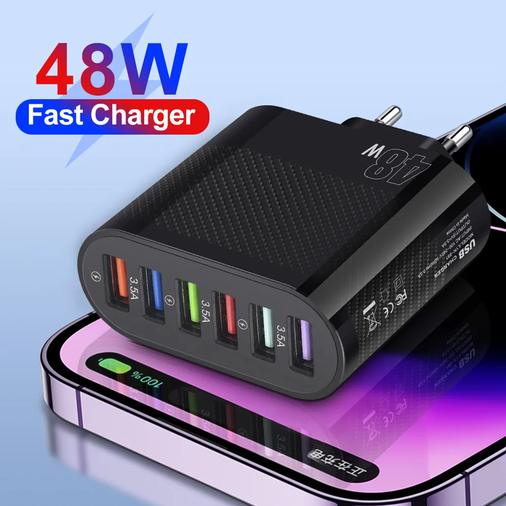 

UKGO 48W 6 Ports USB Charger Fast Charging For IPhone 14 Pro Samsung Xiaomi Huawei EU/US/UK Plug Portable Phone Charger Adapter