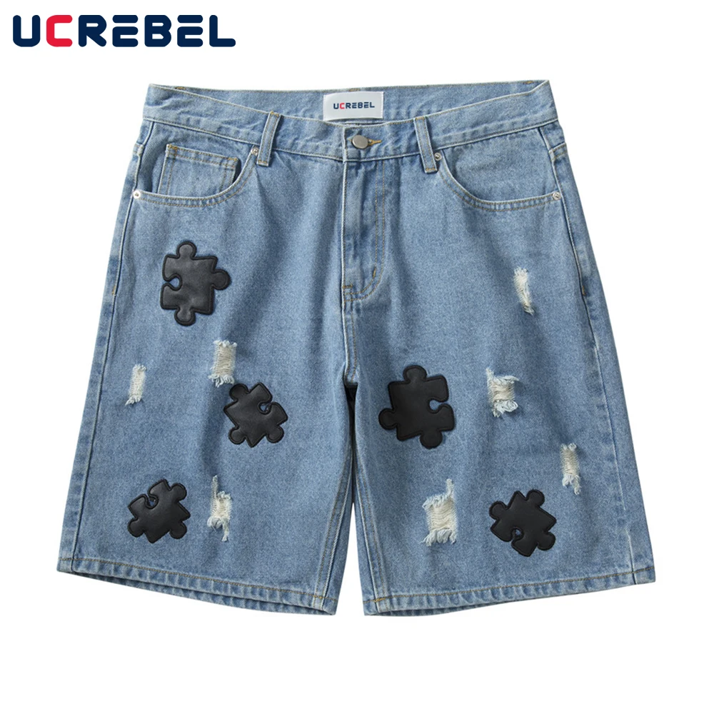 

Джинсовые шорты мужские с вышивкой-пазлом, рваные короткие джинсовые шорты в стиле High Street, уличная одежда из потертого денима, свободные до ...