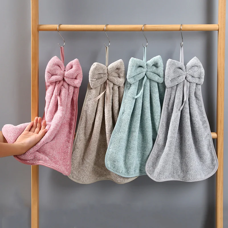 Coral Velvet Bow Hand Towel Soft Skin-friendly Super Absorbent Quick-Dry Handkerchief Kitchen Bathroom Dish Cloth Terry Towels